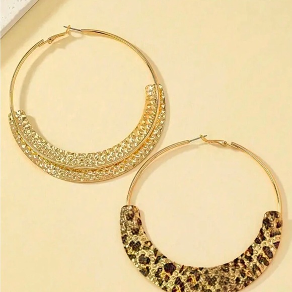 Leopard Print Gold Hoop Earrings - Picture 2 of 6